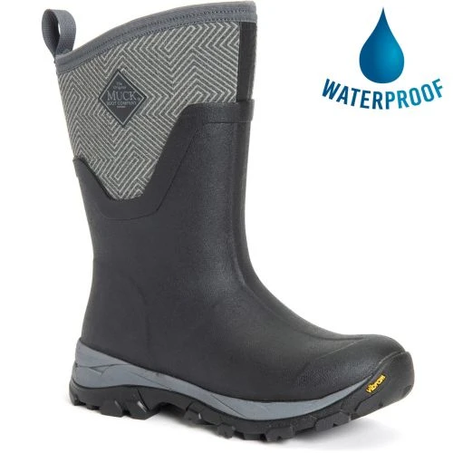 Muck Boots Womens Arctic Ice Mid Short Wellies - Black Grey Geometric 3 Muck Boots Womens Arctic Ice Mid Short Wellies - Black Grey Geometric